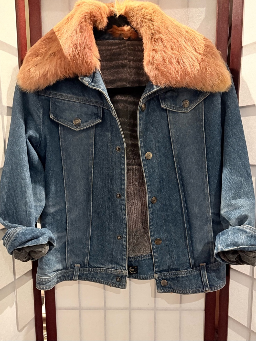 Roberto Cavalli Italy Denim Jacket w/ Genuine Rabbit Fur Collar Y2K Luxury